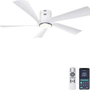 52 Flush Mount Ceiling Fan with Lights, Remote & APP Control Low Profile Indoor Outdoor Ceiling Fans, Dimmable, Quiet DC Motor, Reversible, White