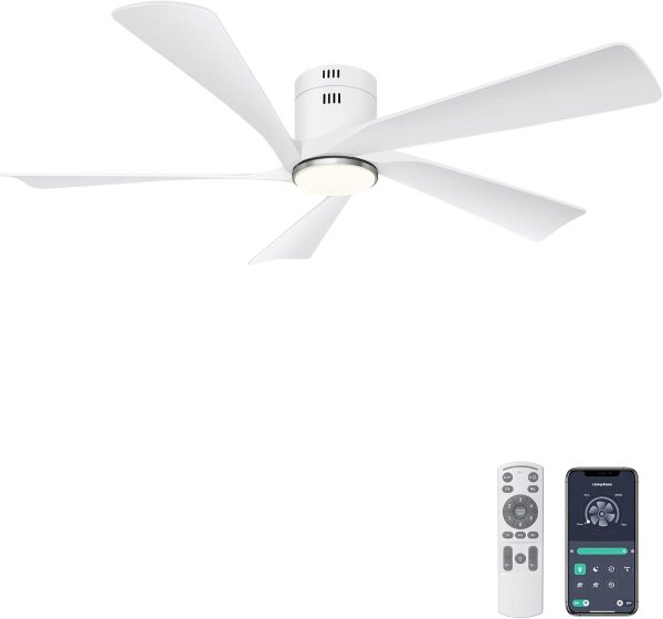 52 Flush Mount Ceiling Fan with Lights, Remote & APP Control Low Profile Indoor Outdoor Ceiling Fans, Dimmable, Quiet DC Motor, Reversible, White