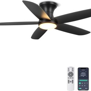 Ceiling Fan with Lights, 46" Flush Mount Ceiling Fans Remote/APP Control - Dimmable, Quiet DC Motor, Indoor Ceiling Fans for Bedroom Kitchen, Black