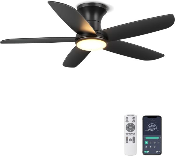 Ceiling Fan with Lights, 46" Flush Mount Ceiling Fans Remote/APP Control - Dimmable, Quiet DC Motor, Indoor Ceiling Fans for Bedroom Kitchen, Black