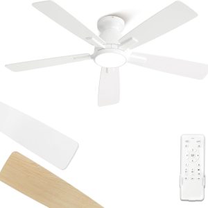 46 inch Ceiling Fans with Lights, Flush Mount Ceiling Fan and Remote, Modern Low Profile, 3CCT 20W LED Light with 6-Speeds Quiet Reversible Motor, for Bedroom, Living Room, Apartment, White