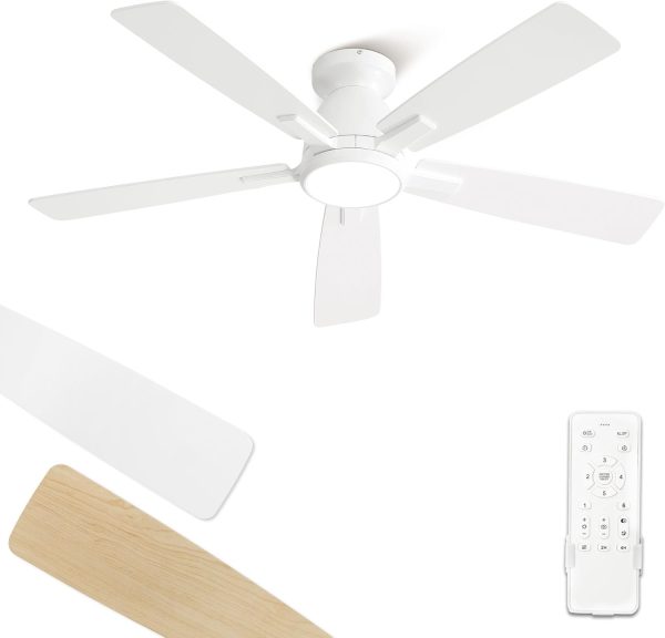 46 inch Ceiling Fans with Lights, Flush Mount Ceiling Fan and Remote, Modern Low Profile, 3CCT 20W LED Light with 6-Speeds Quiet Reversible Motor, for Bedroom, Living Room, Apartment, White