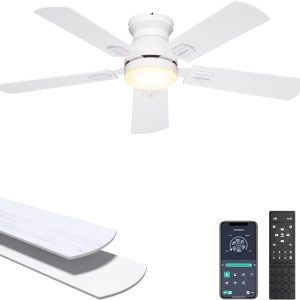 Ceiling Fans with Lights, 42 Inch Low Profile Ceiling Fan with Light and Remote/APP Control, Flush Mount, Dimmable, Qiuet DC Motor, White Small Indoor Ceiling Fan for Bedroom, Kitchen