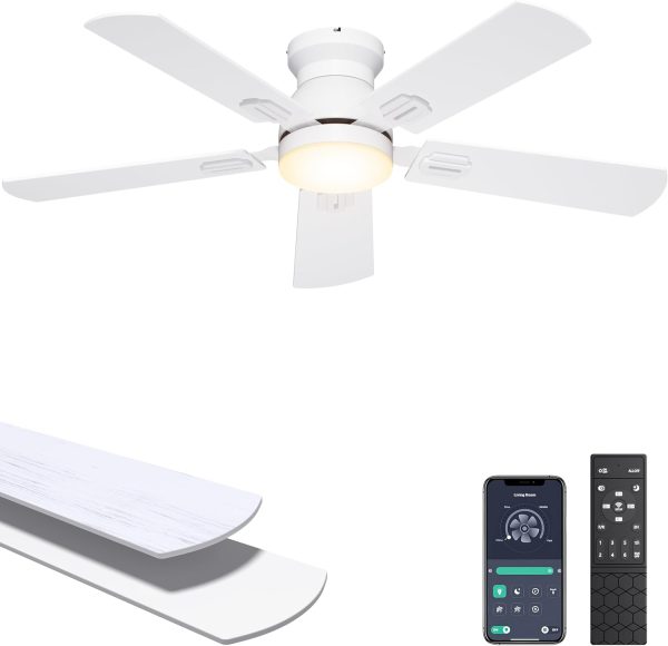 Ceiling Fans with Lights, 42 Inch Low Profile Ceiling Fan with Light and Remote/APP Control, Flush Mount, Dimmable, Qiuet DC Motor, White Small Indoor Ceiling Fan for Bedroom, Kitchen