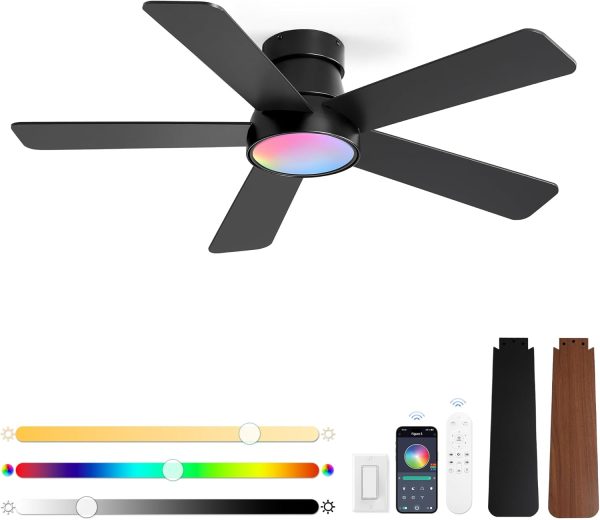 42 Inch Ceiling Fans with Lights and Remote,Outdoor Indoor Modern Flush Mount Ceiling Fan with 3CCT 6-Speed Quiet DC Motor,Small Low Profile Ceiling Fan for Bedroom Living Room OfficeBlack RGB