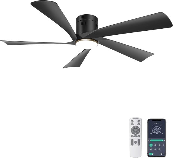 52 Low Profile Ceiling Fan with Lights, Remote & APP Control Modern Flush Mount Indoor Outdoor Ceiling Fans, Dimmable, Silent DC Motor, Reversible, Black