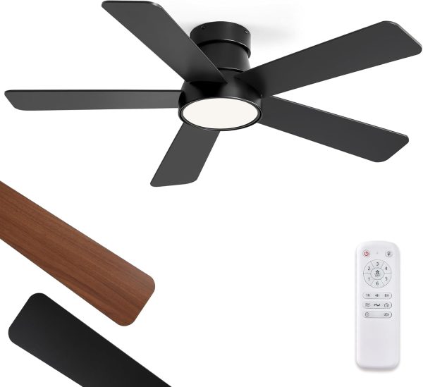 42 Inch Ceiling Fans with Lights and Remote,Outdoor Indoor Modern Flush Mount Ceiling Fan with 3CCT 6-Speed Quiet DC Motor,Black Small Low Profile Ceiling Fan for Bedroom Living Room Office