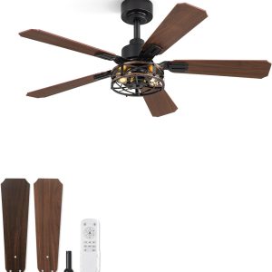 1 Pack 42 Inch Rustic Caged Ceiling Fan with Lights, Black Farmhouse Ceiling Fans for Bedroom Living Room, Double-Sided 5 Blades Rustic Ceiling Fan