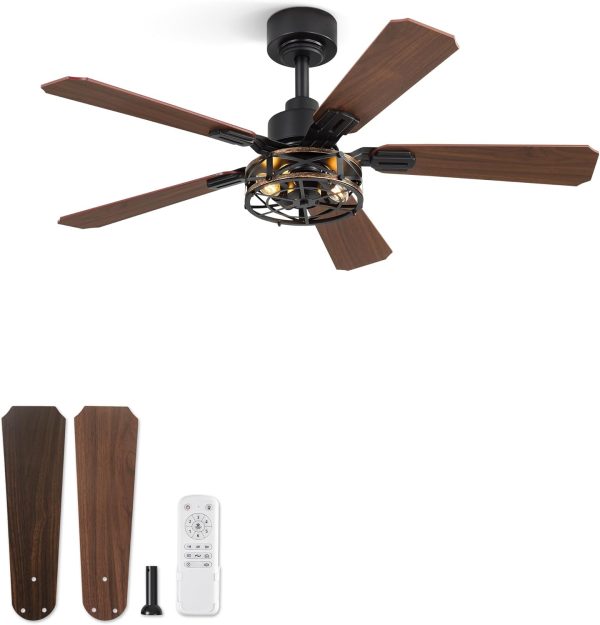 1 Pack 42 Inch Rustic Caged Ceiling Fan with Lights, Black Farmhouse Ceiling Fans for Bedroom Living Room, Double-Sided 5 Blades Rustic Ceiling Fan