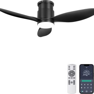 Flush Mount Ceiling Fans with Lights, Remote/App Control, Dimmable, Quiet Indoor/Outdoor Ceiling Fan for Covered Patio, Bedroom, Kitchen, Black