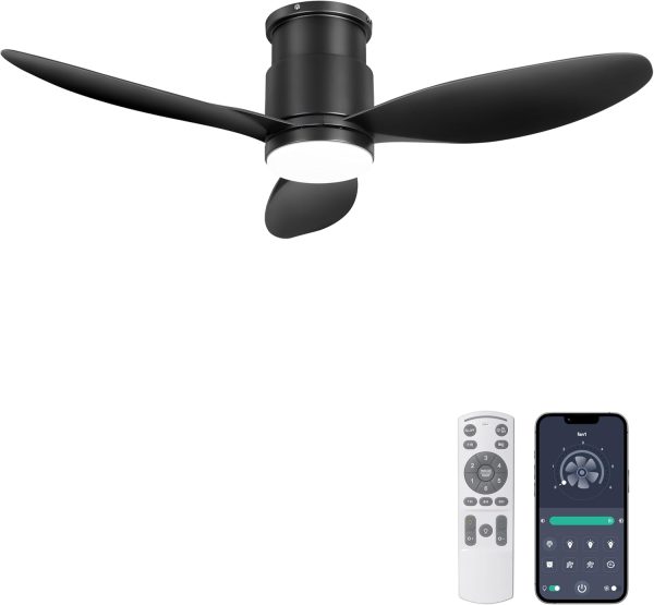 Flush Mount Ceiling Fans with Lights, Remote/App Control, Dimmable, Quiet Indoor/Outdoor Ceiling Fan for Covered Patio, Bedroom, Kitchen, Black