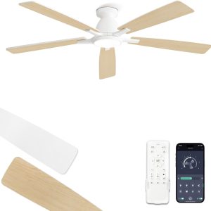 60 inch Ceiling Fans with Lights, Smart Flush Mount Ceiling Fan and Remote APP, Modern Low Profile, 3CCT 20W LED with 6-Speeds Quiet Reversible Motor for Bedroom, Living Room, Kitchen, White