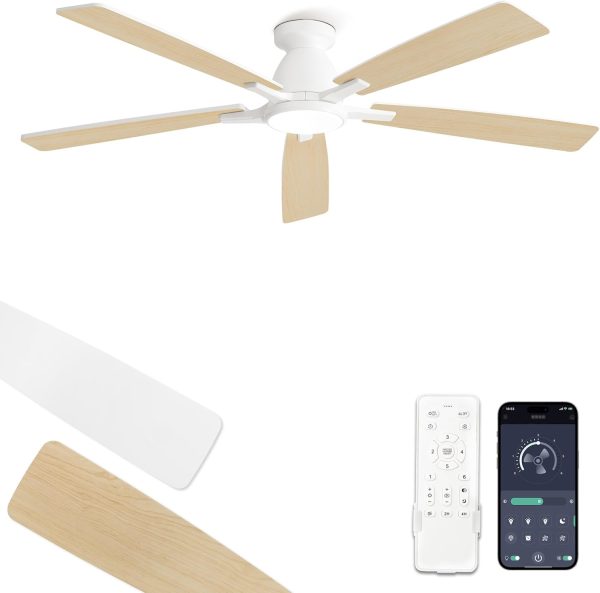 60 inch Ceiling Fans with Lights, Smart Flush Mount Ceiling Fan and Remote APP, Modern Low Profile, 3CCT 20W LED with 6-Speeds Quiet Reversible Motor for Bedroom, Living Room, Kitchen, White