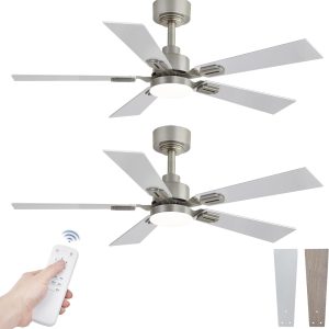 2 Pack of 42 Ceiling Fans with Lights and Remote, Modern Low Profile Ceiling Fans with Dimmable 3CCT Quiet DC Motor, Reversible Celing Fan with 6-Speeds Timer for Bedroom, Nickel