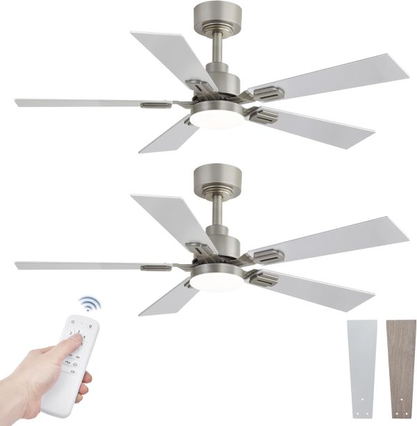 2 Pack of 42 Ceiling Fans with Lights and Remote, Modern Low Profile Ceiling Fans with Dimmable 3CCT Quiet DC Motor, Reversible Celing Fan with 6-Speeds Timer for Bedroom, Nickel