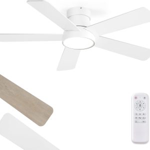 42 Inch Ceiling Fans with Lights and Remote,Indoor Modern Flush Mount Ceiling Fan with 3CCT 6-Speed Quiet DC Motor,White Small Low Profile Ceiling Fan for Bedroom Living Room Office