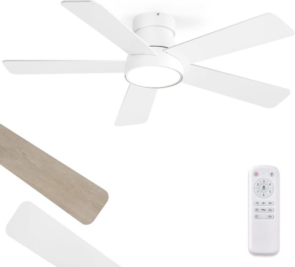 42 Inch Ceiling Fans with Lights and Remote,Indoor Modern Flush Mount Ceiling Fan with 3CCT 6-Speed Quiet DC Motor,White Small Low Profile Ceiling Fan for Bedroom Living Room Office
