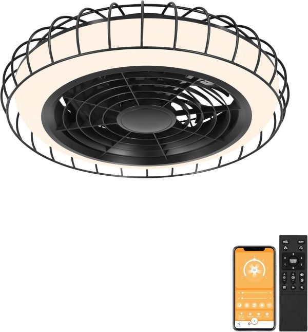 low profile ceiling fan with light: bladeless ceiling fan with light - safety enclosed ceilng fans with cave - Smart ultra low profile ceiling fans with remote & App for outdoor indoor
