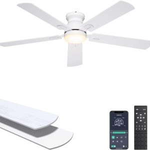Ceiling Fans with Lights, 52 Inch Low Profile Ceiling Fan with Light and Remote/APP Control, Flush Mount, Dimmable, Qiuet DC Motor, White Ceiling Fan for Bedroom, Living Room