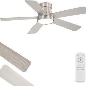 42 Inch Ceiling Fans with Lights and Remote,Indoor Modern Flush Mount Ceiling Fan with 3CCT 6-Speed Quiet DC Motor,Black Small Low Profile Ceiling Fan for Bedroom Living Room Office(Nickel)