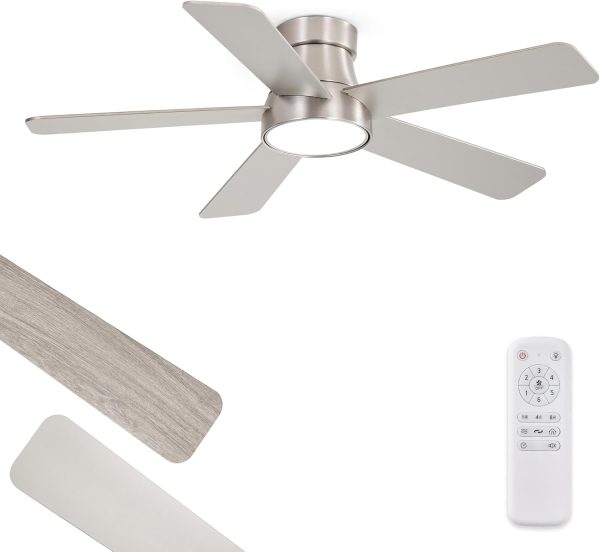 42 Inch Ceiling Fans with Lights and Remote,Indoor Modern Flush Mount Ceiling Fan with 3CCT 6-Speed Quiet DC Motor,Black Small Low Profile Ceiling Fan for Bedroom Living Room Office(Nickel)