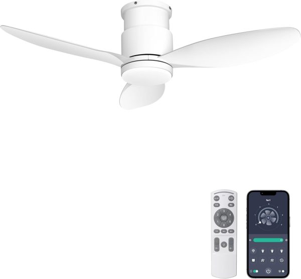 Flush Mount Ceiling Fans with Lights, Remote/App Control, Dimmable, Silent Indoor/Outdoor Ceiling Fan for Porch, Bedroom, Kitchen, White