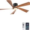 52 Flush Mount Farmhouse Ceiling Fan with Lights, Remote & APP Control Low Profile Indoor Outdoor Ceiling Fans, Dimmable, Quiet DC Motor, Reversible, Black+Wood Color