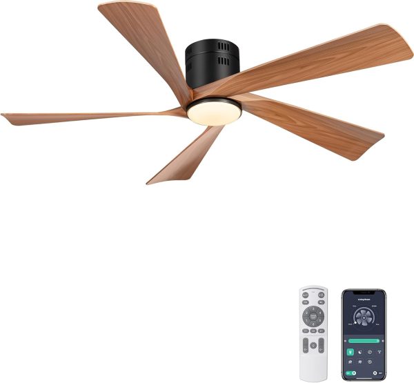 52 Flush Mount Farmhouse Ceiling Fan with Lights, Remote & APP Control Low Profile Indoor Outdoor Ceiling Fans, Dimmable, Quiet DC Motor, Reversible, Black+Wood Color