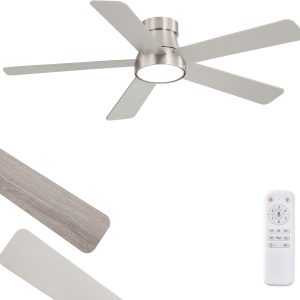 48 Inch Ceiling Fans with Lights and Remote,Outdoor Indoor Modern Flush Mount Ceiling Fan with 3CCT 6-Speed Quiet DC Motor,Small Low Profile Ceiling Fan for Bedroom Living Room Office(Nickel)
