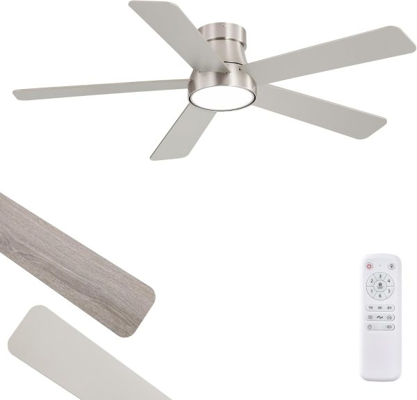 48 Inch Ceiling Fans with Lights and Remote,Outdoor Indoor Modern Flush Mount Ceiling Fan with 3CCT 6-Speed Quiet DC Motor,Small Low Profile Ceiling Fan for Bedroom Living Room Office(Nickel)