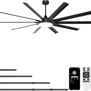 Industrial Ceiling Fan with Bright Lights - Remote/APP Control, High CFM, Extra Large Shop Ceiling Fan for Covered Outdoor Patio, Gym, Black
