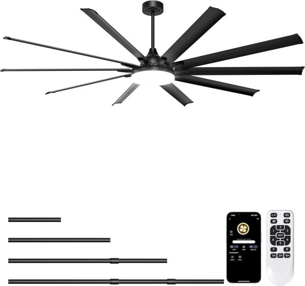 Industrial Ceiling Fan with Bright Lights - Remote/APP Control, High CFM, Extra Large Shop Ceiling Fan for Covered Outdoor Patio, Gym, Black