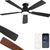 52 inch Ceiling Fans with Lights, Smart Flush Mount Ceiling Fan and Remote APP, Modern Low Profile, 3CCT 20W LED with 6-Speeds Quiet Reversible Motor for Bedroom, Living Room, Kitchen, Black