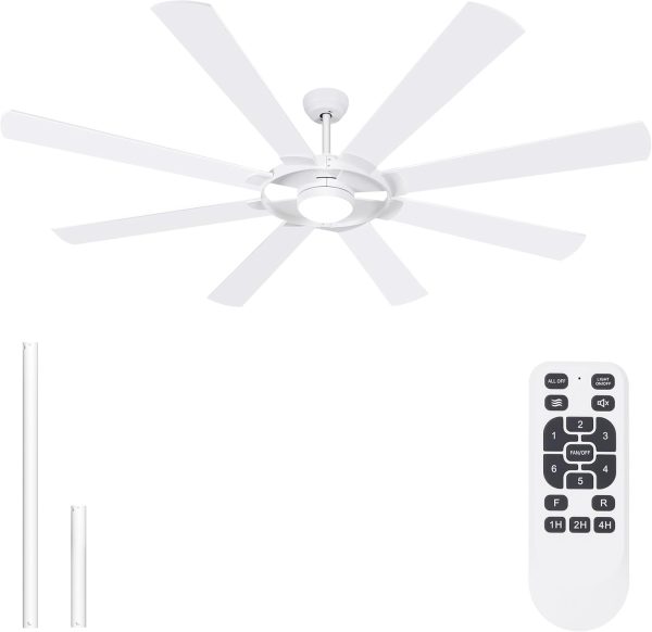 76 inch Large Ceiling Fans with Lights and Remote, 8 Wood Blades White Outdoor Modern Industrial LED Lights Ceiling Fans with Reversible Quiet DC Motor for Living Room Patio Farmhouse