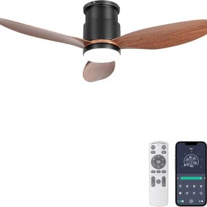 Low Profile Ceiling Fans with Lights, Remote/App Control, Dimmable, Quiet Indoor/Outdoor Ceiling Fan for Covered Patio, Bedroom, Kitchen, Walnut Color