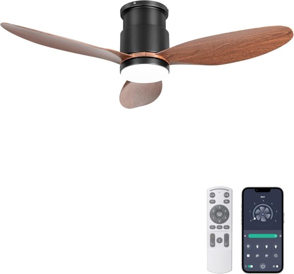 Low Profile Ceiling Fans with Lights, Remote/App Control, Dimmable, Quiet Indoor/Outdoor Ceiling Fan for Covered Patio, Bedroom, Kitchen, Walnut Color