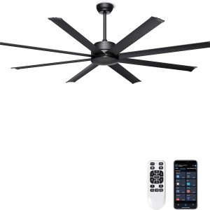 Large Ceiling Fan No Light - Industrial Fan Remote & APP Control, Quiet DC Motor, Indoor/Outdoor Ceiling Fan for Patio, Shop, Garage, Aluminum Blades, Black