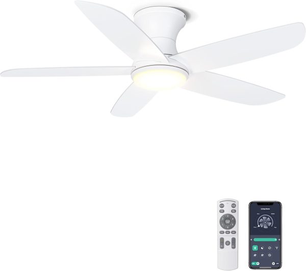 Ceiling Fan with Lights, Low Profile Ceiling Fans Remote/APP Control - Dimmable, Silent DC Motor, Indoor Ceiling Fan for Bedroom Kitchen, White