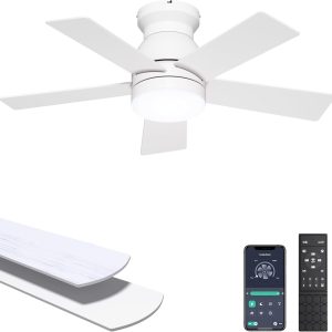 Ceiling Fans with Lights, 32 Inch Low Profile Ceiling Fan with Light and Remote/APP Control, Flush Mount, Dimmable, Qiuet DC Motor, White Small Indoor Ceiling Fan for Bedroom, Kitchen