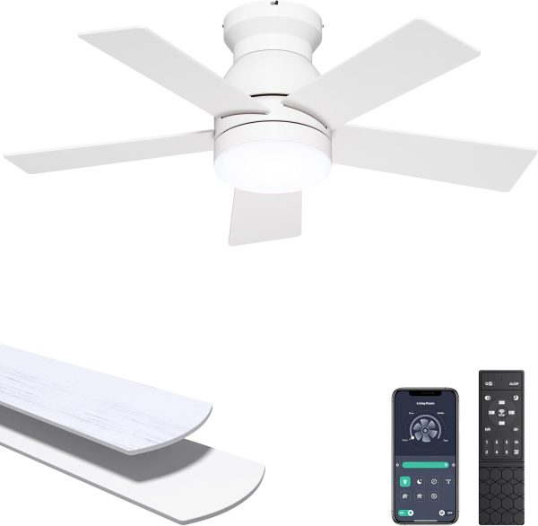 Ceiling Fans with Lights, 32 Inch Low Profile Ceiling Fan with Light and Remote/APP Control, Flush Mount, Dimmable, Qiuet DC Motor, White Small Indoor Ceiling Fan for Bedroom, Kitchen