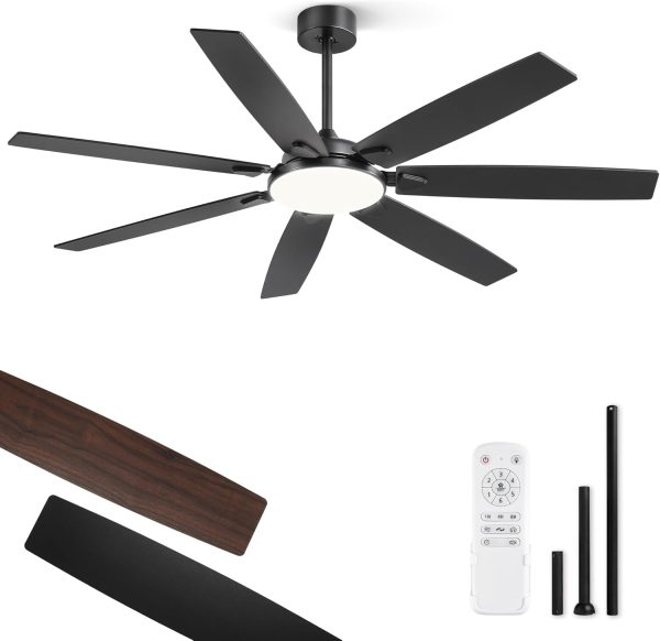 62 Inch Large Ceiling Fans with Lights and Remote, Black Modern Ceiling Fan with 3CCT LED Light, Quiet DC Motor,Indoor/Outdoor Ceiling Fan with 7 Dual Finish Blades for Living Room, Patio