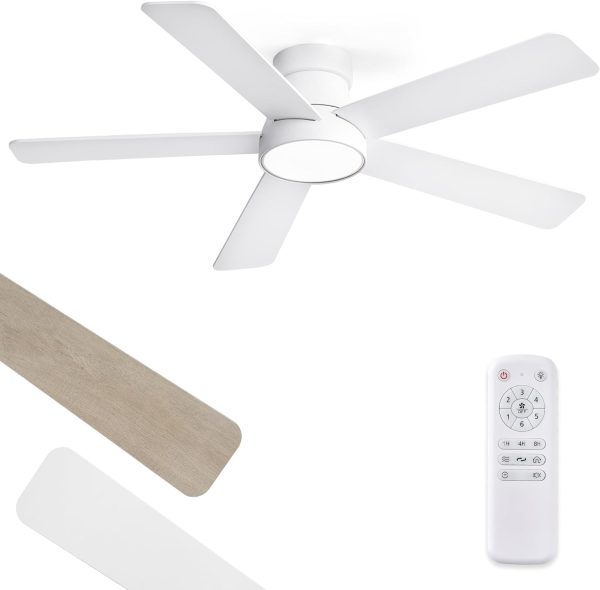 48 Inch Ceiling Fans with Lights and Remote,Outdoor Indoor Modern Flush Mount Ceiling Fan with 3CCT 6-Speed Quiet DC Motor,Black Small Low Profile Ceiling Fan for Bedroom Living Room Office(White)