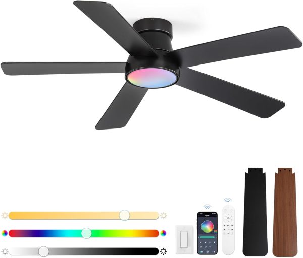 48 Inch Ceiling Fans with Lights and Remote,Indoor Modern Flush Mount Ceiling Fan with 3CCT 6-Speed Quiet DC Motor,Small Low Profile Ceiling Fan for Bedroom Living Room Office(Black RGB)