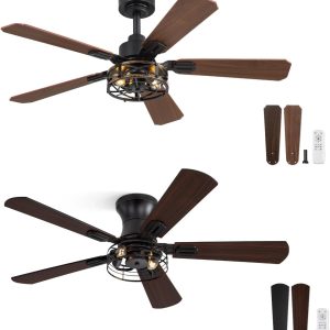 2 Pack 42 Inch Rustic Caged Ceiling Fan with Lights, Black Farmhouse Ceiling Fans for Bedroom Living Room, Double-Sided 5 Blades Rustic Ceiling Fan