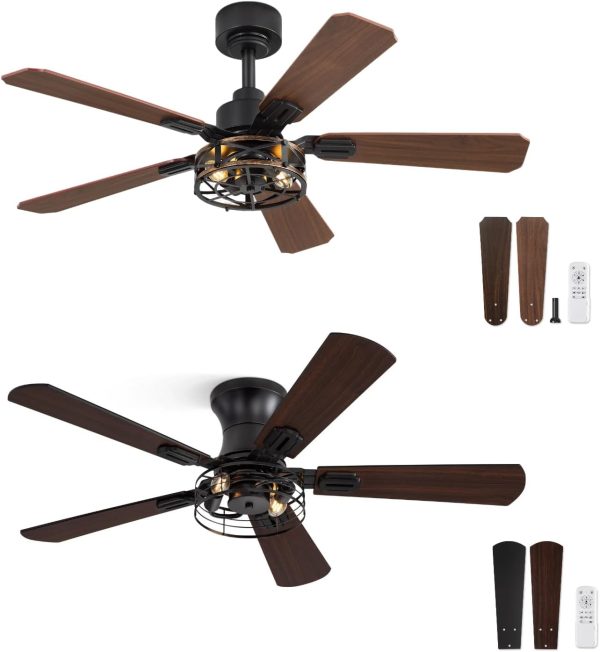 2 Pack 42 Inch Rustic Caged Ceiling Fan with Lights, Black Farmhouse Ceiling Fans for Bedroom Living Room, Double-Sided 5 Blades Rustic Ceiling Fan