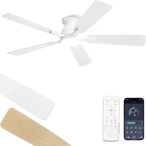 52 inch Ceiling Fans with Lights, Smart Flush Mount Ceiling Fan and Remote APP, Modern Low Profile, 3CCT 20W LED with 6-Speeds Quiet Reversible Motor for Bedroom, Living Room, Kitchen, White