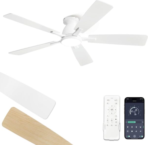 52 inch Ceiling Fans with Lights, Smart Flush Mount Ceiling Fan and Remote APP, Modern Low Profile, 3CCT 20W LED with 6-Speeds Quiet Reversible Motor for Bedroom, Living Room, Kitchen, White