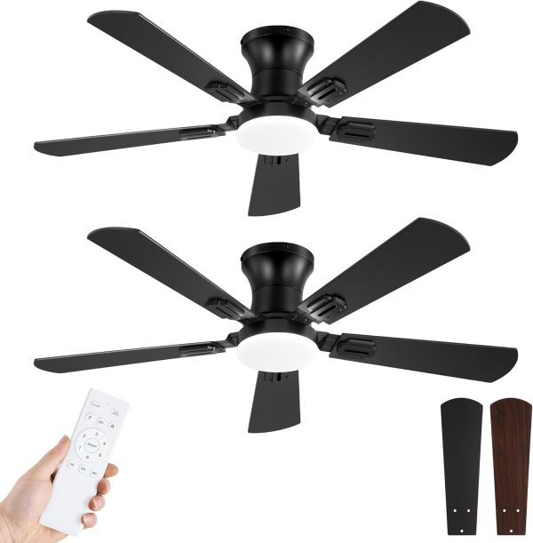 2 Pack 42 Inch Ceiling Fans with Lights and Remote, Low Profile Indoor Black Ceiling Fan with 6 Speeds & 3CCT, Flush Mount, Dual-Finish 5 Blades,Quiet DC Motor for Living Room Bedroom