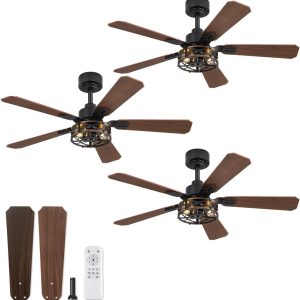 3 Pack 42 Inch Rustic Caged Ceiling Fan with Lights, Black Farmhouse Ceiling Fans for Bedroom Living Room, Double-Sided 5 Blades Rustic Ceiling Fan