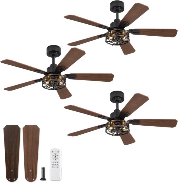3 Pack 42 Inch Rustic Caged Ceiling Fan with Lights, Black Farmhouse Ceiling Fans for Bedroom Living Room, Double-Sided 5 Blades Rustic Ceiling Fan
